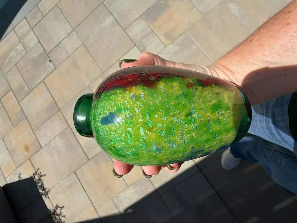 Franco Moretti Murano Art Glass Vase Green Red Blue with Gold Sparkles